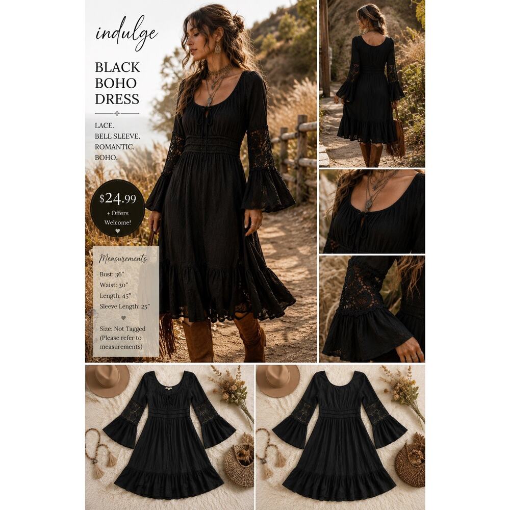 Indulge Black Boho Peasant Dress Lace Bell Sleeve Whimsigoth Romantic M